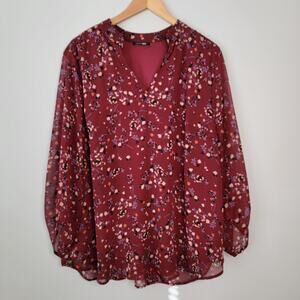 Burgundy Ditsy Floral Chiffon Top Sz 2X Office Cottage Feminine Whimsy PaperMoon